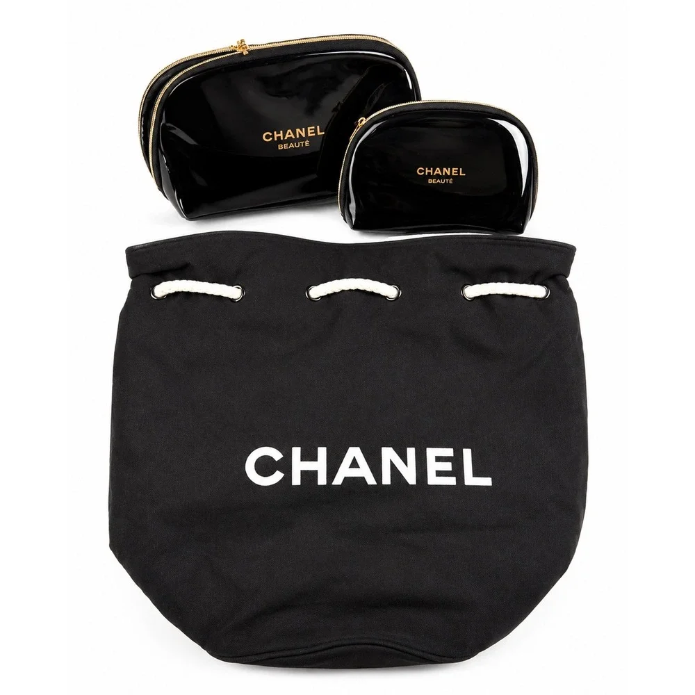 Chanel CC Logo Vintage Canvas Drawstring Bucket Bag Backpack & Two Cosmetic Bags